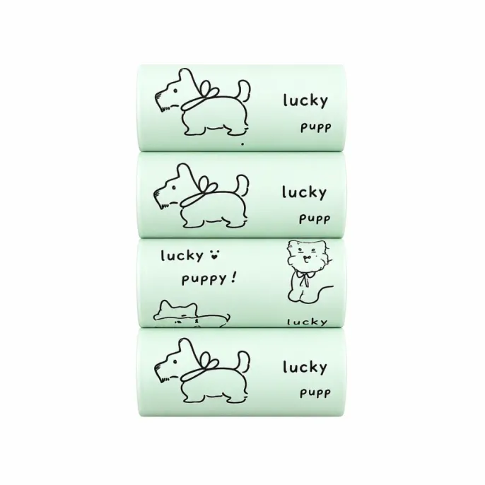 Green Lucky Puppy Dog Poop Bag Rolls Green lucky puppy dog poop bag rolls with cute dog and cat illustrations for pet waste disposal.