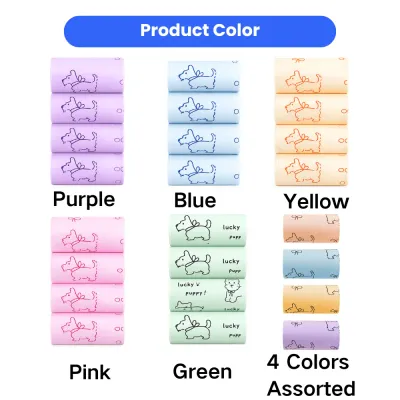 Dog Poop Bags Color Options Dog poop bags available in purple, blue, yellow, pink, green and assorted colors for wholesale pet supplies.