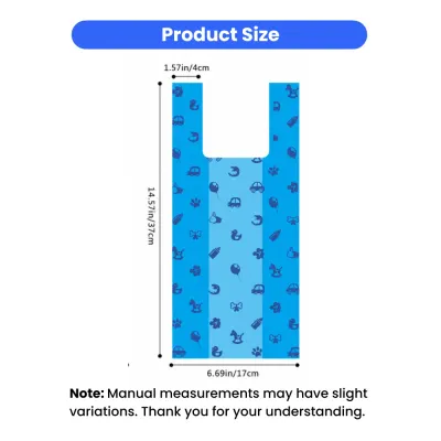 Biodegradable Dog Poop Bags Size Guide Size chart for blue biodegradable dog poop bags with vest carrier handles, 6.69in by 14.57in
