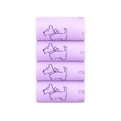 Purple Biodegradable Dog Poop Bag Rolls Purple biodegradable dog poop bag rolls with dog pattern, scented and extra thick for daily dog walks.