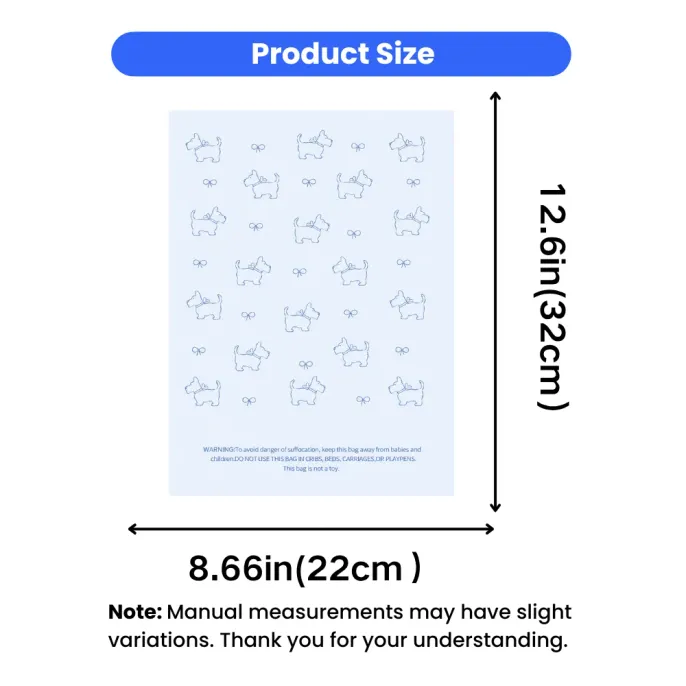 Dog Poop Bag Size Chart 8.66 x 12.6 in Dog poop bag size chart showing 8.66 x 12.6 inches, 22 x 32 cm, suitable for daily dog waste pickup.