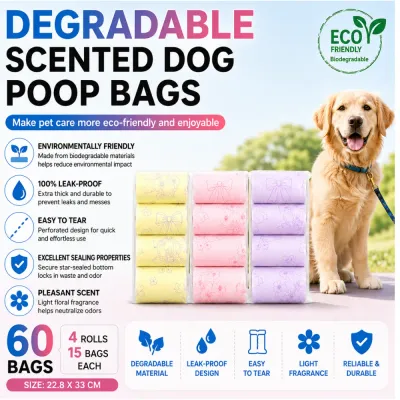 degradable-scented-dog-poop-bags-60-pack-infographic Infographic poster for degradable scented dog poop bags featuring a golden retriever, highlighting eco-friendly, leak-proof, easy to tear, and light fragrance features for 60 bags total.