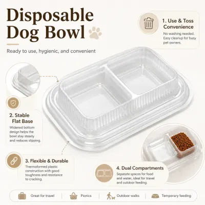 Disposable Dog Bowl Features for Travel Feeding Transparent dual compartment disposable dog bowl with stable flat base and durable plastic design