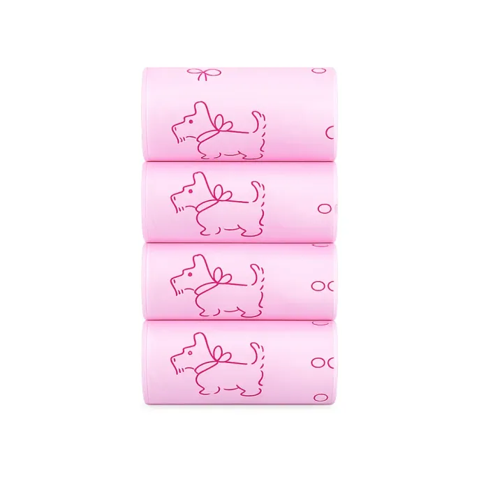 Pink Biodegradable Dog Waste Bag Rolls Pink biodegradable dog waste bag rolls with dog print, scented design for easy pet cleanup.