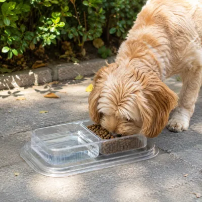 Dog Eating from Disposable Bowl Outdoors Small dog eating dry food from a transparent disposable dog bowl outdoors