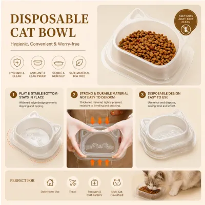Disposable Cat Bowl for Hygienic Feeding Disposable transparent cat bowl filled with cat food, showing hygienic, anti-ant, leak-proof, stable and BPA-free features
