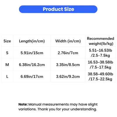 Size chart for disposable pet shoe covers in S M L sizes