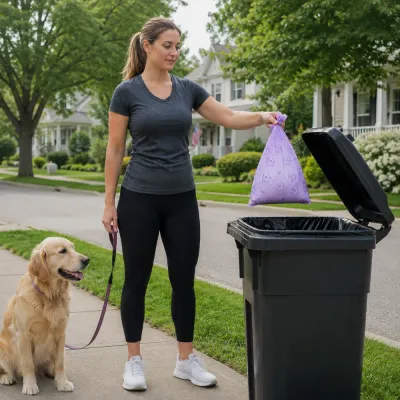 Dog Owner Using Purple Poop Bag Outdoors Dog owner holding a purple dog poop bag near outdoor trash bin while walking a golden retriever.