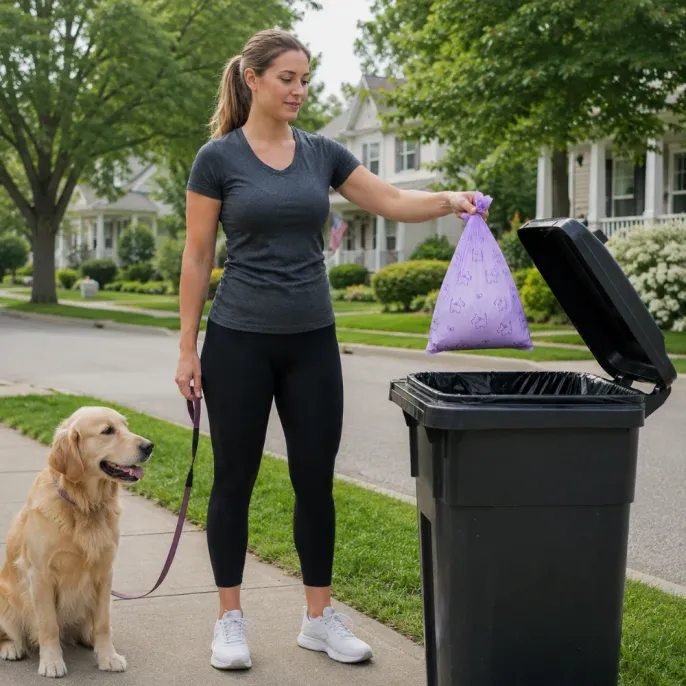 Dog Owner Using Purple Poop Bag Outdoors Dog owner holding a purple dog poop bag near outdoor trash bin while walking a golden retriever.
