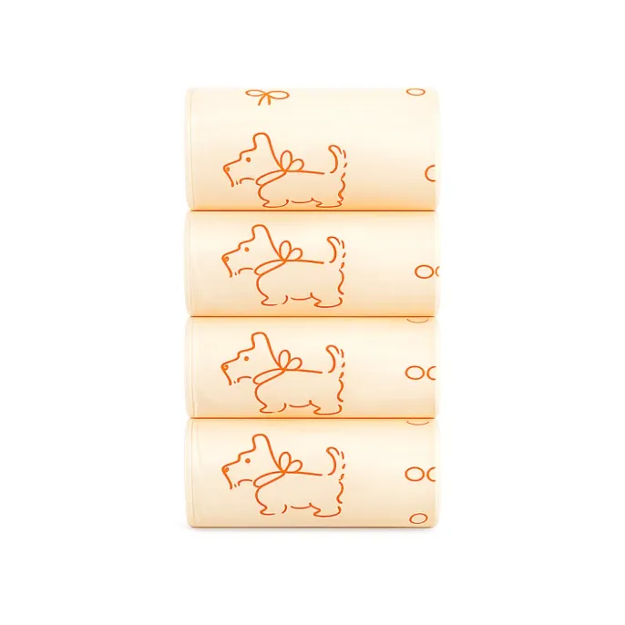 Yellow Extra Thick Dog Poop Bag Rolls Yellow extra thick dog poop bag rolls with printed dog design for leak-proof pet waste cleanup.