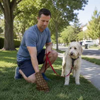 Dog Owner Using Coffee Scented Poop Bag Outdoors Dog owner using a brown coffee scented dog poop bag during an outdoor walk with a dog in a neighborhood park