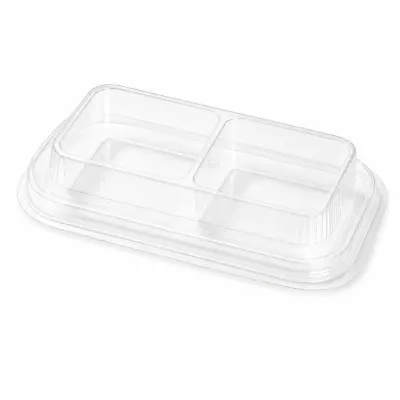 Transparent Disposable Dog Bowl on White Background Transparent disposable dog bowl with two separate compartments on a white background
