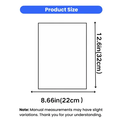 biodegradable-dog-poop-bag-dimensions-size-chart Size chart diagram showing the dimensions of a single pet waste bag: 12.6 inches or 32 centimeters long by 8.66 inches or 22 centimeters wide.