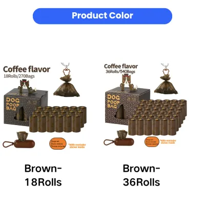 Brown Coffee Scented Dog Poop Bags 18 and 36 Rolls Brown coffee scented dog poop bags available in 18 rolls and 36 rolls, suitable for pet stores and dog walking supplies