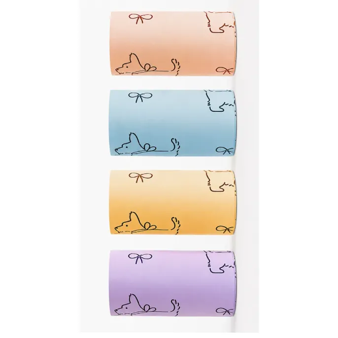 Assorted Color Dog Poop Bag Rolls Assorted color dog poop bag rolls in peach, blue, yellow and purple with cute pet patterns.