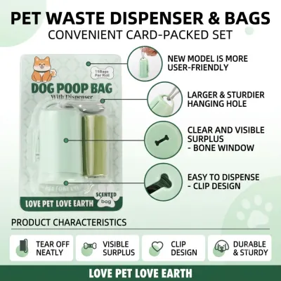 Pet Waste Dispenser and Bags Features Pet waste dispenser and bags with clip design, visible surplus window, and tear-off bag feature