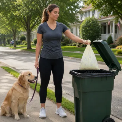 woman-walking-golden-retriever-disposing-dog-waste-bag A woman walking a golden retriever on a leash, disposing of a tied yellow scented pet poop bag into a green outdoor trash can.
