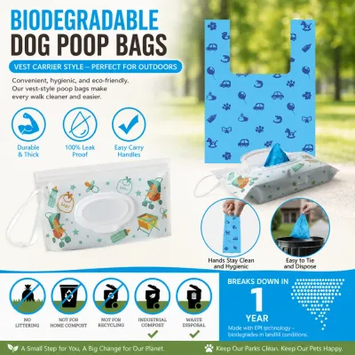 Biodegradable Dog Poop Bags with Vest Carrier Design Biodegradable dog poop bags with vest carrier handles, leak-proof design, and outdoor disposal features