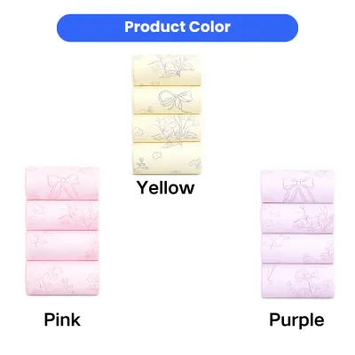 eco-friendly-dog-waste-bags-color-options Product color options chart for scented dog poop bags showing yellow, pink, and purple varieties.