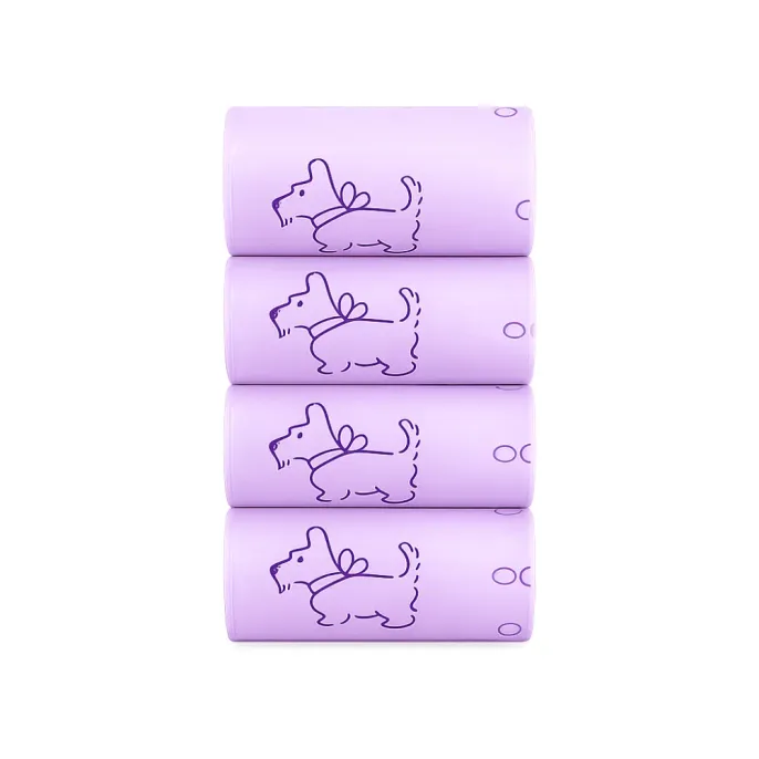 Purple Dog Poop Bags Product Display Purple dog poop bag rolls stacked on white background with cute dog pattern for pet waste cleanup.