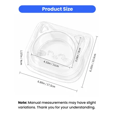 Transparent Disposable Cat Bowl Size Guide Transparent disposable cat bowl with product size measurements in inches and centimeters