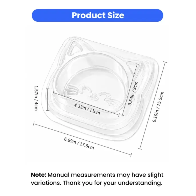 Transparent Disposable Cat Bowl Size Guide Transparent disposable cat bowl with product size measurements in inches and centimeters