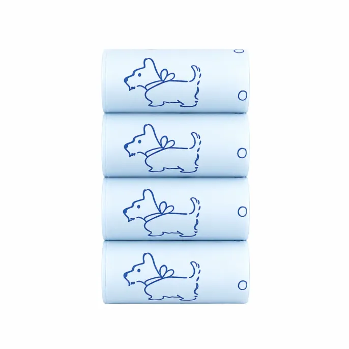 Blue Scented Dog Poop Bag Rolls Blue scented dog poop bag rolls with cute dog print, extra thick and easy to use for pet waste disposal.