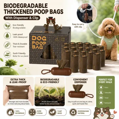 Biodegradable Thickened Dog Poop Bags with Dispenser Clip Biodegradable thickened dog poop bags with dispenser clip, leak-proof design, eco-friendly material and convenient walking use