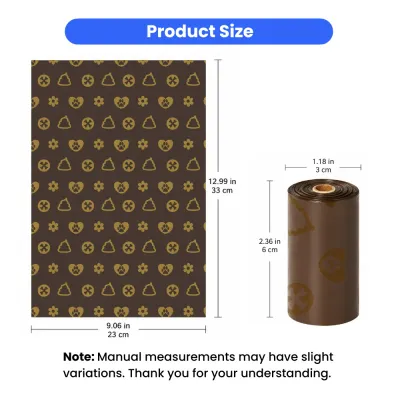 Extra Thick Dog Poop Bags Size Details Extra thick brown dog poop bag size chart with roll and bag measurements