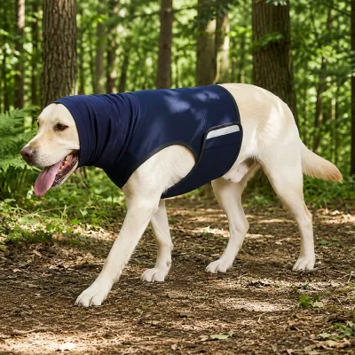 Reflective Dog Calming Vest Outdoor Walking Safety Anxiety Wrap Dog wearing navy calming vest walking in forest outdoor trail reflective safety strip anxiety relief vest for dogs