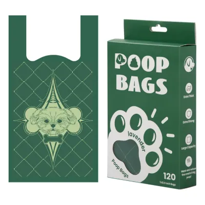 Poop Bags Green Packaging Box Biodegradable Dog Waste Bags Lavender Scent 120 Count Front view of green biodegradable dog poop bags packaging box showing lavender scented vest handle waste bags, 120 count bulk packaging for wholesale pet suppliers