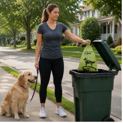 Dog Poop Bag Outdoor Use | Pet Waste Cleanup Bag for Daily Walking Woman using biodegradable dog poop bag to clean up dog waste in suburban street during daily walk