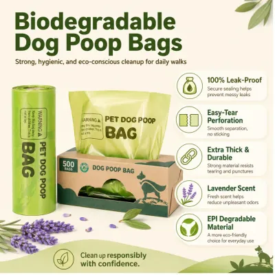 Biodegradable Dog Poop Bags Leak Proof Durable Eco Friendly Features Biodegradable dog poop bags packaging infographic showing leak-proof, durable, lavender scent and eco-friendly features