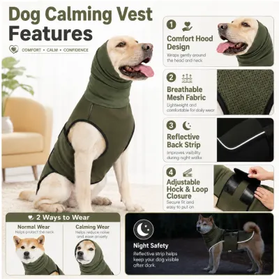 Dog wearing calming vest with features including breathable mesh reflective strip and adjustable closure