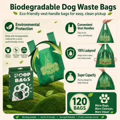Woman Using Biodegradable Dog Poop Bags Outdoor Cleanup Vest Handle Dog Walking Woman cleaning up after dog using biodegradable vest handle poop bag in outdoor suburban street with dog nearby, showing real life usage scenario