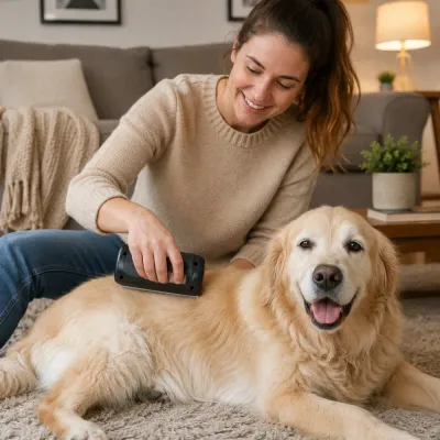 Woman brushing golden retriever dog with de-shedding comb in living room