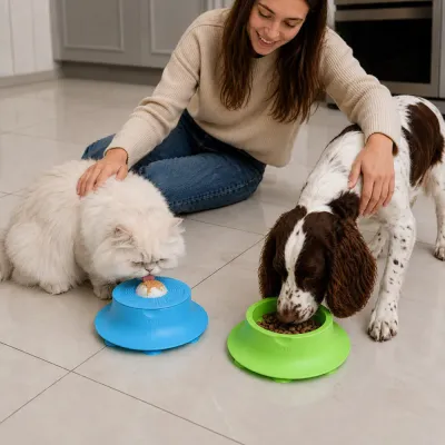 Dog and Cat Eating from Silicone Slow Feeder Bowl Indoor Home Feeding Scene Dog and cat using silicone slow feeder bowls on kitchen floor with owner interaction indoor feeding lifestyle scene