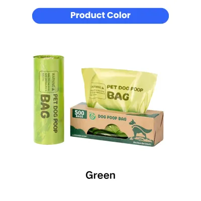 Green Biodegradable Dog Poop Bags Color Variant Eco Friendly Pet Waste Bags Green color biodegradable dog poop bags roll and box packaging product variant display
