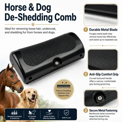 Horse and dog shedding comb product features showing metal blade, anti-slip grip and durability design