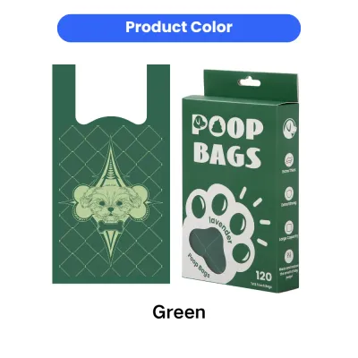 Dog Poop Bags Green Color Variant Biodegradable Vest Handle Wholesale Packaging Green color biodegradable dog poop bags with vest handle design and matching retail box packaging, shown as product color variant for wholesale buyers