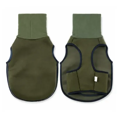 Olive green dog calming vest flat lay front and back view showing full product structure