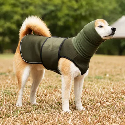 Dog wearing green calming vest outdoors on grass showing anxiety relief comfort fit
