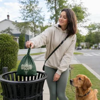 Biodegradable Dog Waste Bags Leakproof Eco Friendly Features Infographic Wholesale Infographic showing biodegradable dog waste bags features including leakproof design, eco friendly material, vest handles, and large capacity for daily pet cleanup