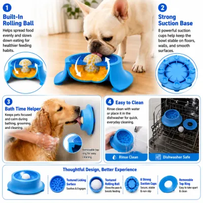 Blue Silicone Slow Feeder Bowl Anti Slip Dog Feeding Bowl Textured Licking Surface Close up blue silicone slow feeder bowl with textured licking surface and anti slip base for dogs