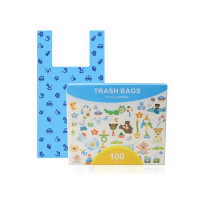 Biodegradable Pet Waste Trash Bags 100 Count – Blue T-Shirt Handle Dispenser Box Biodegradable pet waste trash bags 100 count blue T-shirt handle dispenser box packaging