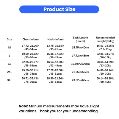 Dog Calming Vest Size Chart Chest Neck Weight Guide Dog calming vest size chart showing chest neck back length and recommended weight for M L XL 2XL 3XL sizes