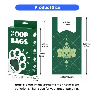 Dog Poop Bags Size Chart 7x13.5 Inch Biodegradable Vest Handle Bags Dimensions Detailed size chart showing biodegradable dog poop bags dimensions 7x13.5 inch with vest handle design and packaging measurements for wholesale reference