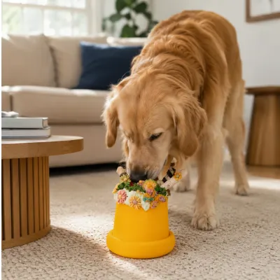 Dog Using Slow Feeder Bowl at Home Indoor Feeding Scene Golden retriever eating from orange slow feeder bowl in a living room home environment