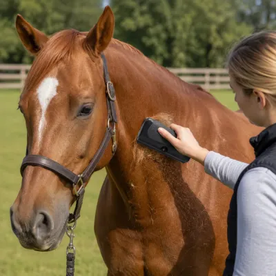 Woman brushing horse with de-shedding comb in outdoor farm setting removing loose hair