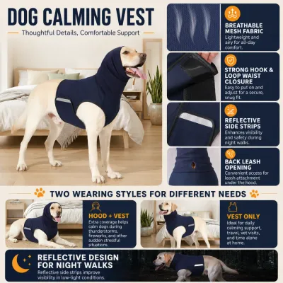 Dog Calming Vest Indoor Use Anxiety Relief Hoodie Wrap Features Dog wearing calming vest indoor home environment showing anxiety relief hoodie design breathable mesh reflective strips hook and loop closure